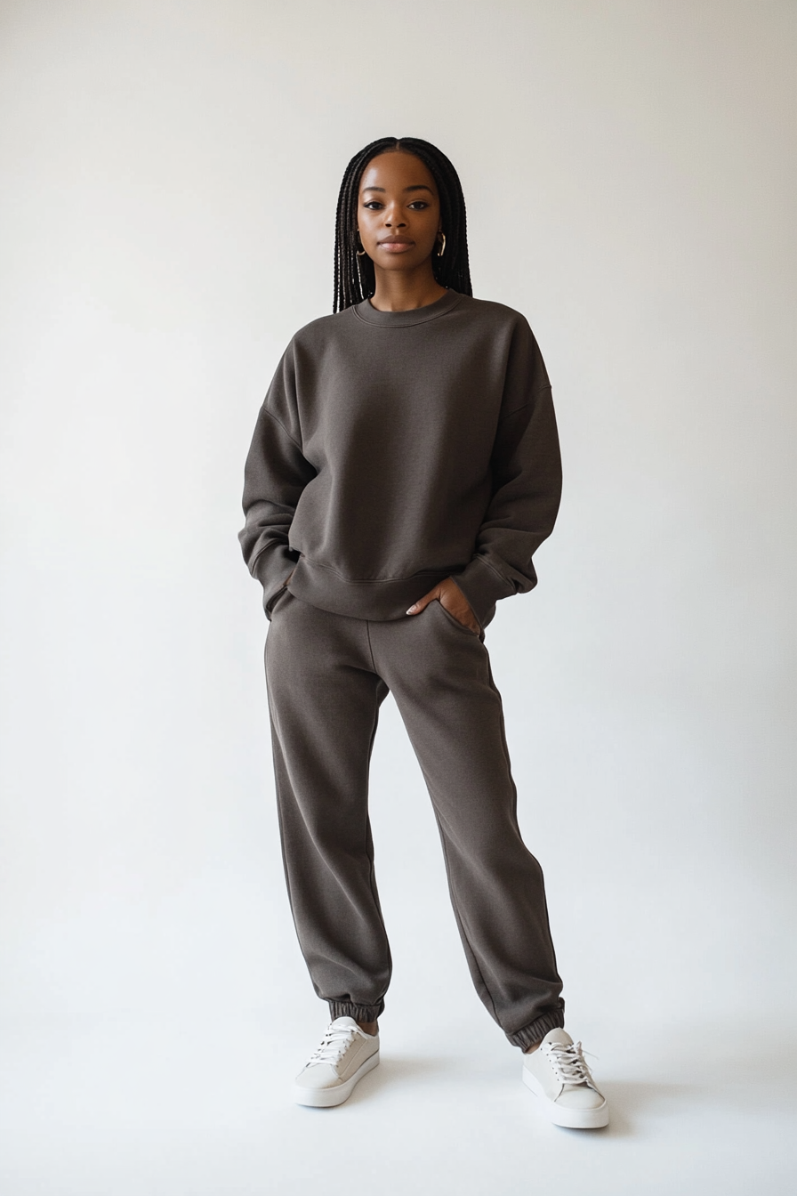 Model wearing The Base Crew in deep taupe brushed fleece with a relaxed fit and dropped shoulders.