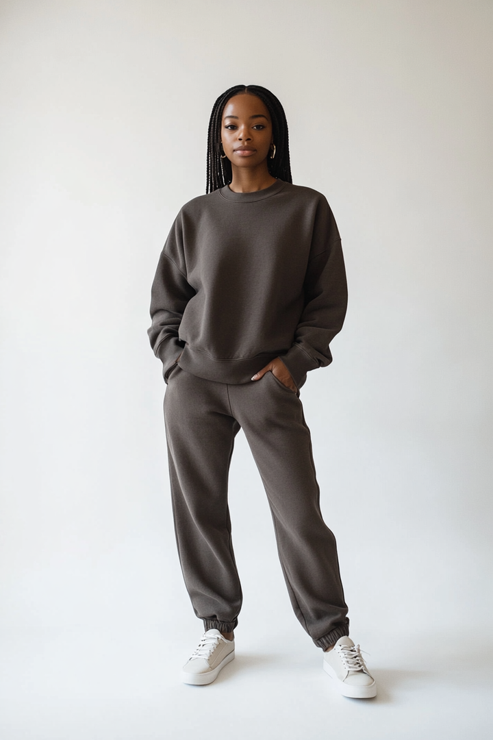 Model wearing The Base Crew in deep taupe brushed fleece with a relaxed fit and dropped shoulders.