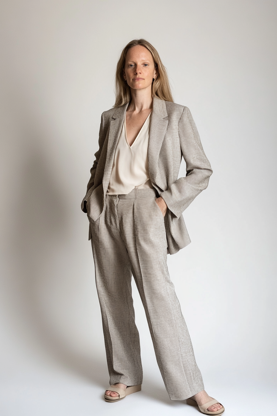 Model wearing The Tove Blazer in an oat woven fabric with a relaxed tailored fit and classic lapel.