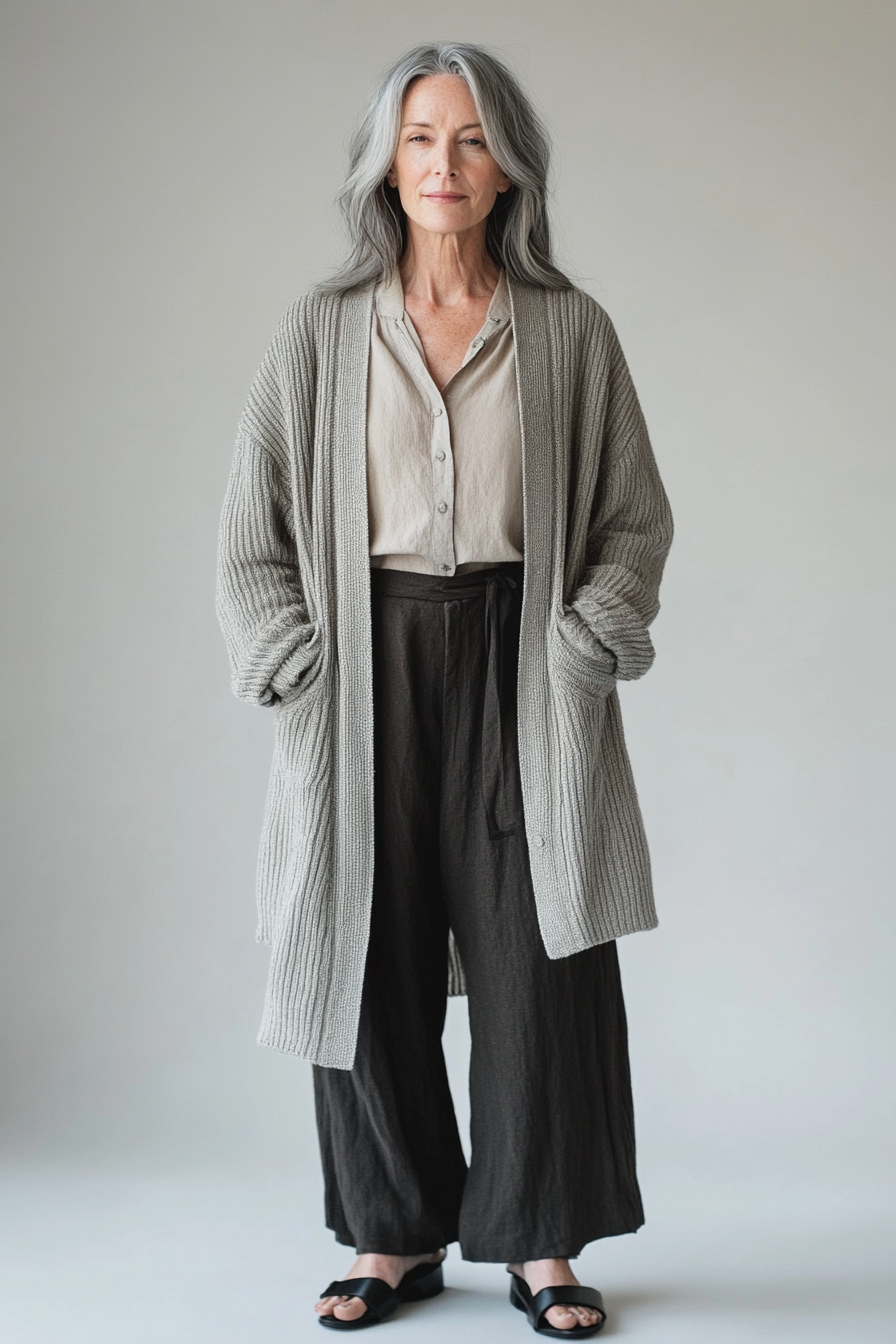 Model wearing The Eno Cardigan in a light stone knit with an oversized fit and open front.