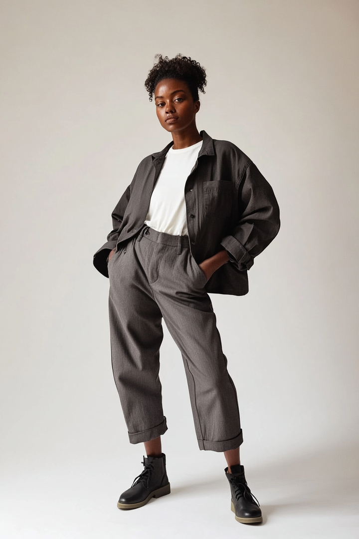 Model wearing The Lark Jacket in charcoal with an oversized shirt-jacket silhouette and patch pockets.