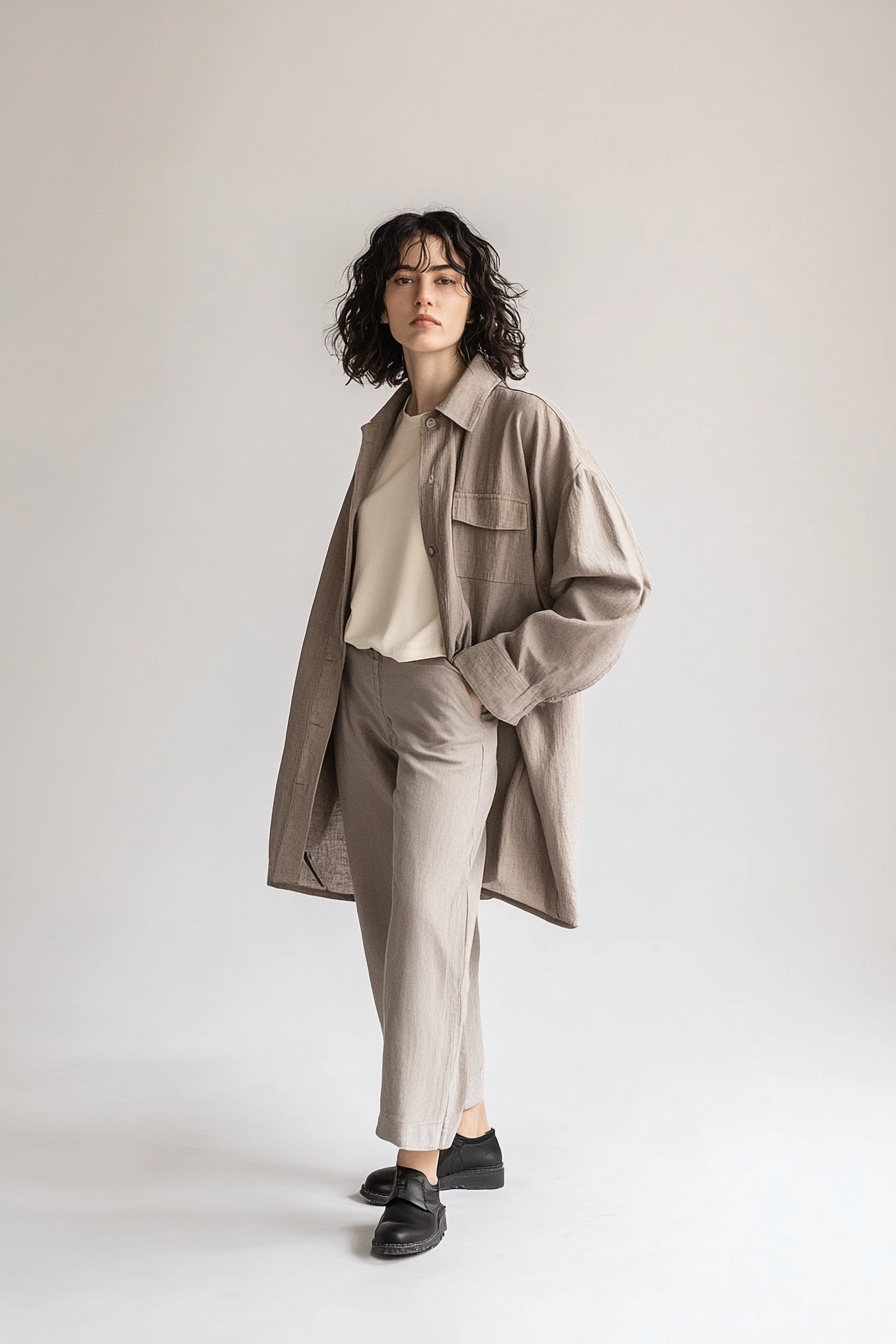 Model wearing The Hana Overshirt in soft taupe with an oversized silhouette and chest pocket detail.