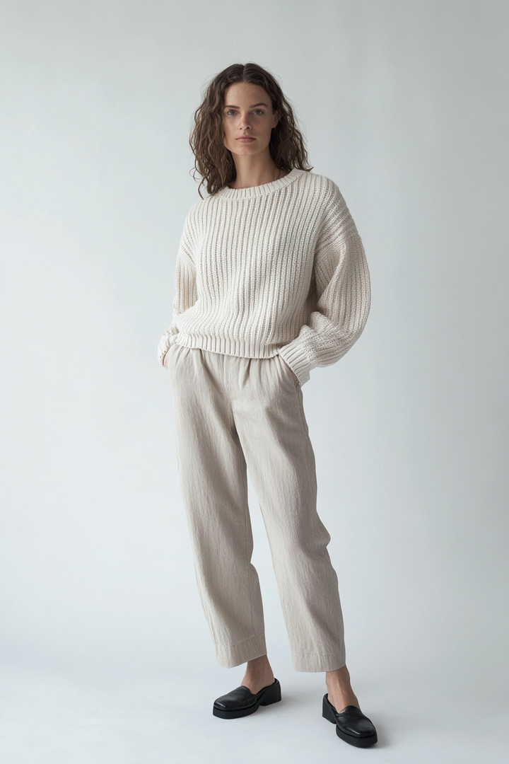 Model wearing The Ceru Knit in warm ivory with a relaxed fit, crew neckline, and textured knit finish.