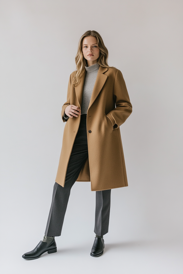 Model wearing The Wren Coat in camel with a longline tailored silhouette and notched lapel.