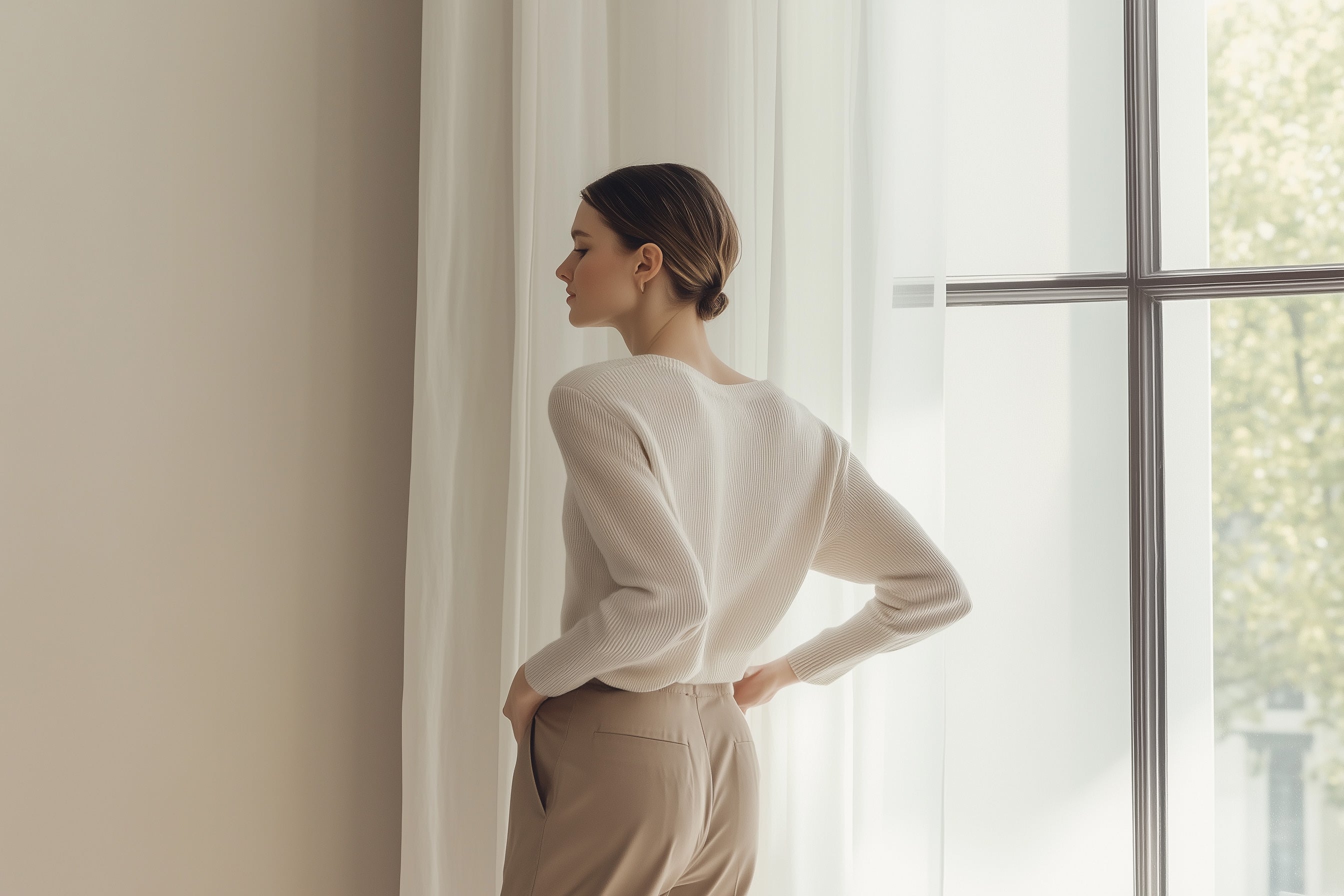 Profile of woman in soft ivory knit sweater