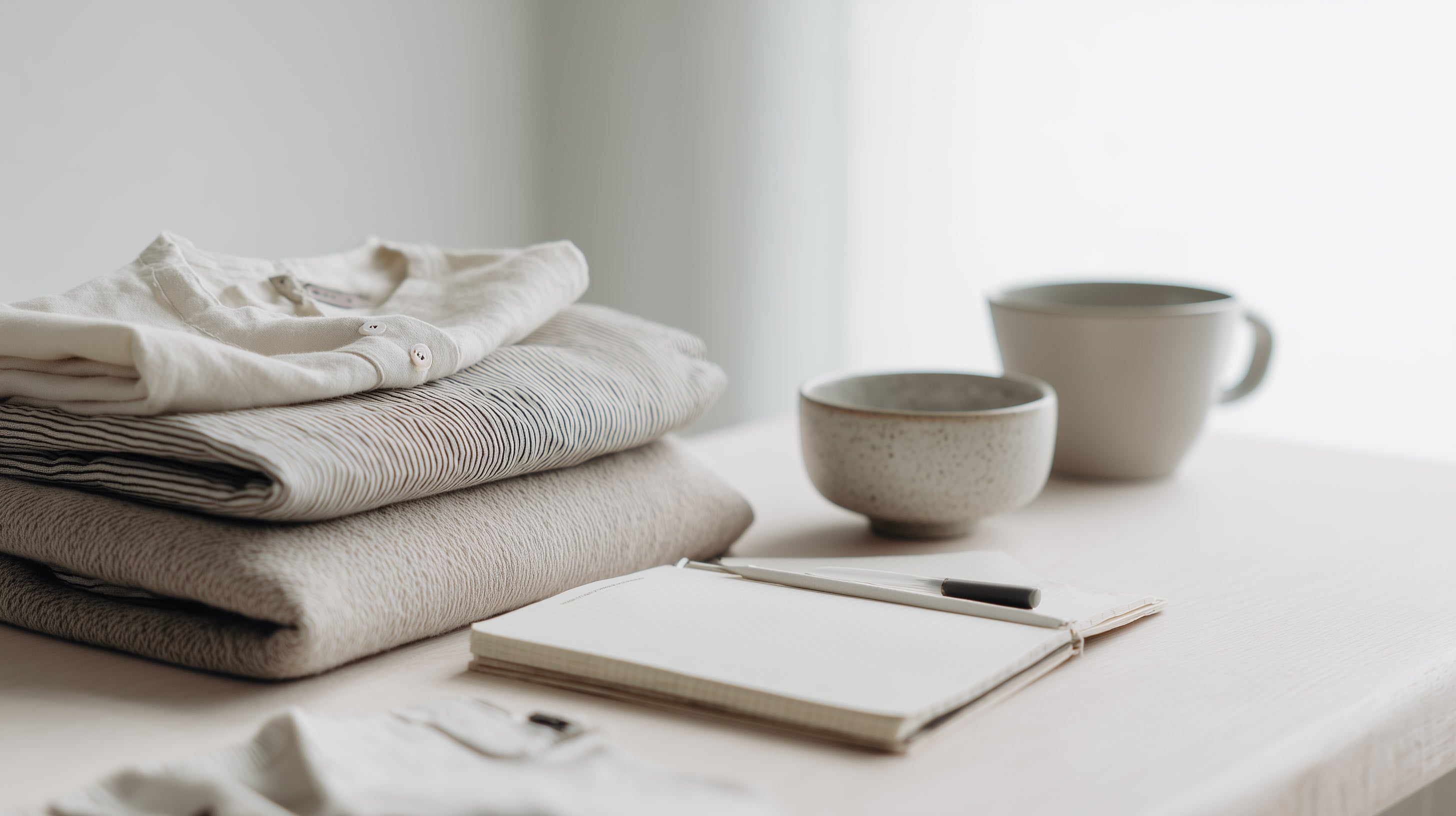Folded linen cloth and hand-thrown ceramic bowl