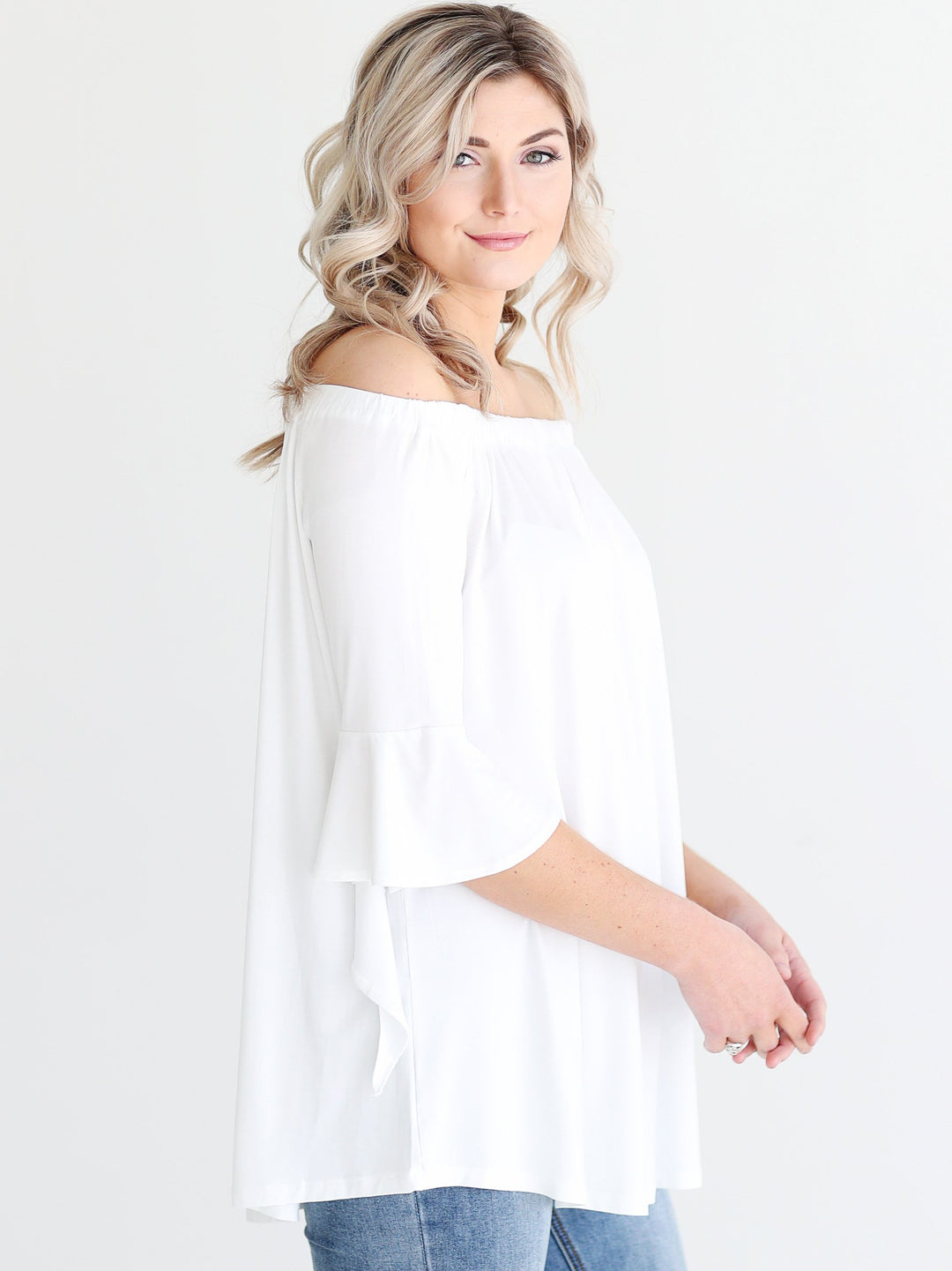 White DLMN Off-The-Shoulder Draped Sleeve Top