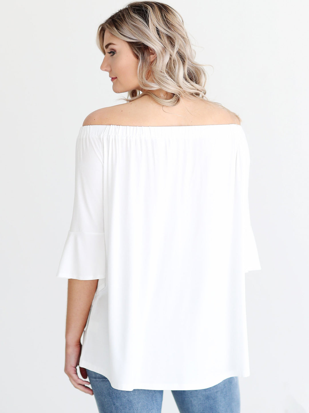 White DLMN Off-The-Shoulder Draped Sleeve Top