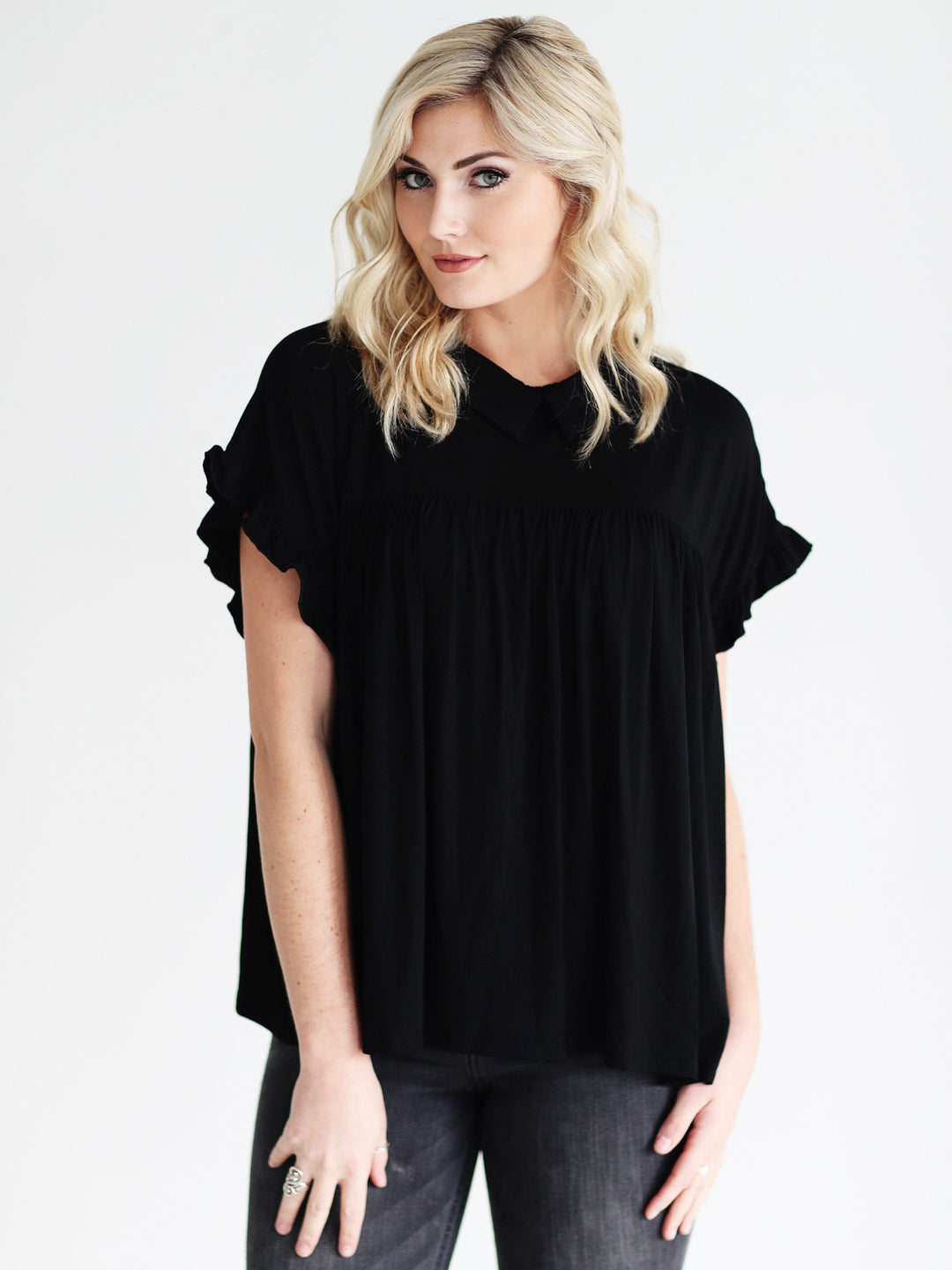 Black DLMN Collared Ruffle Sleeve Babydoll Top