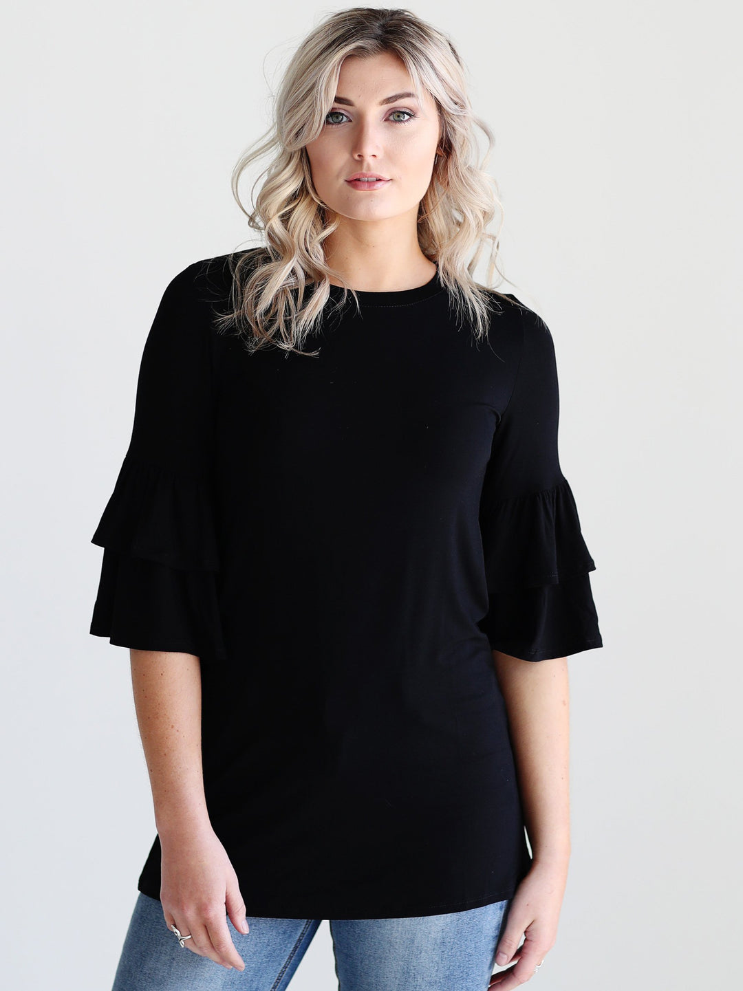 Black DLMN Double Ruffle Sleeve Top